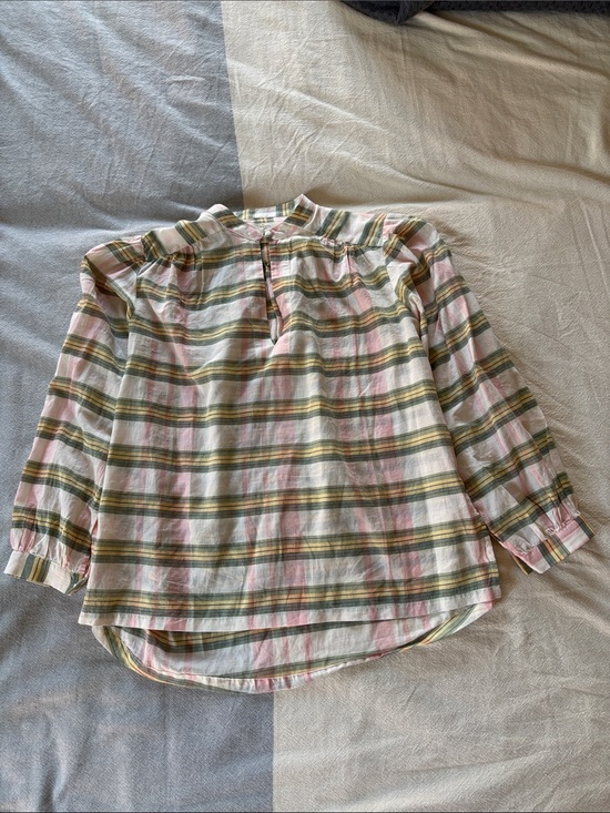 Trovata Tops - Trovata Birds of ParadiseButton-Front Plaid Cotton Blouse in Pink, Green & Cream